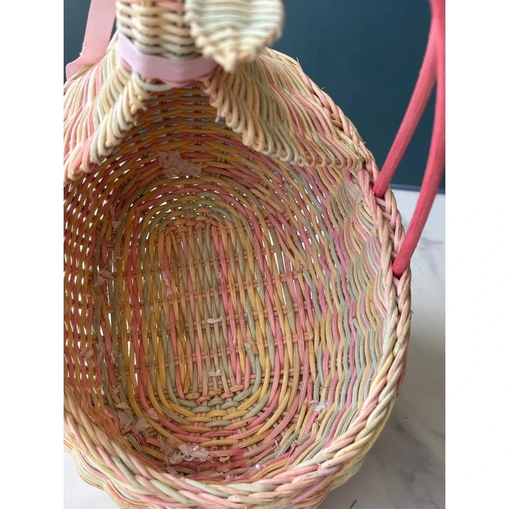 Vintage Pastel Wicker Bunny Easter Basket Pink Yellow Green Woven Rabbit Decor